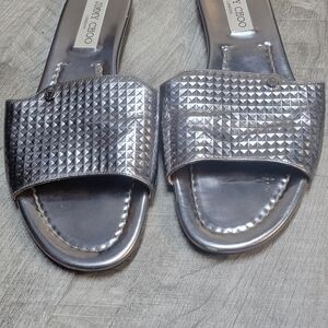 Jimmy Choo Metallic Silver Slide Sandals with Textured Strap